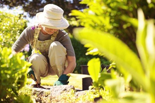 Gardener inspecting a city garden border