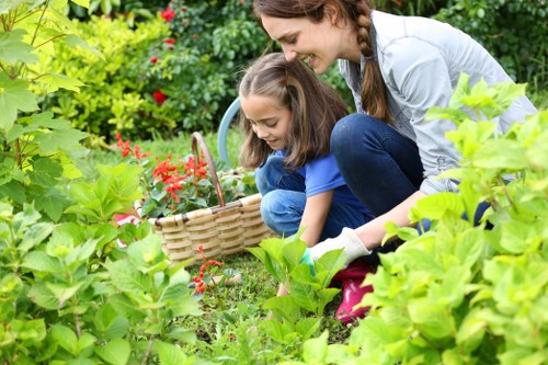 Garden clearance workers removing green waste in an urban yard